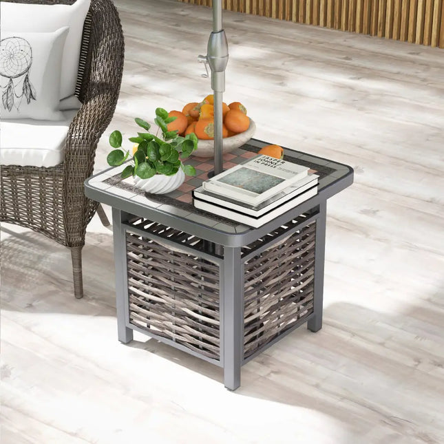 21.5 Inches Outdoor PE Rattan Side Table Square End Table with Umbrella Hole - Brown - Patio Coffee Tables