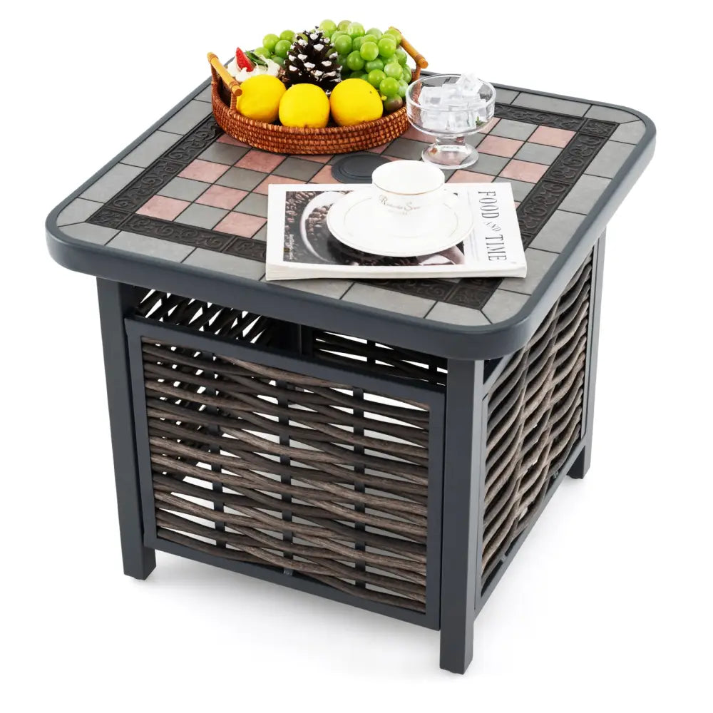 21.5 Inches Outdoor PE Rattan Side Table Square End Table with Umbrella Hole - Brown - Patio Coffee Tables