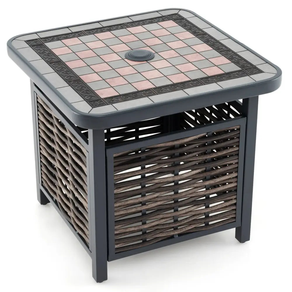 21.5 Inches Outdoor PE Rattan Side Table Square End Table with Umbrella Hole - Brown - Patio Coffee Tables