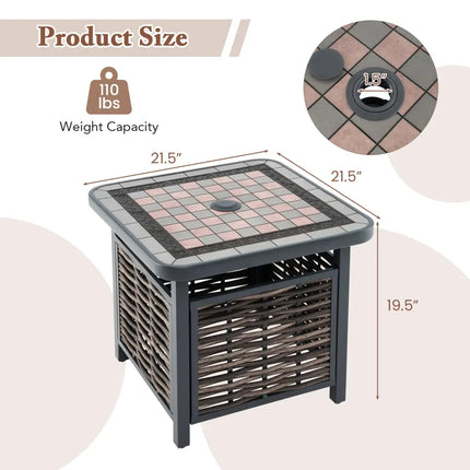 21.5 Inches Outdoor PE Rattan Side Table Square End Table with Umbrella Hole - Brown - Patio Coffee Tables
