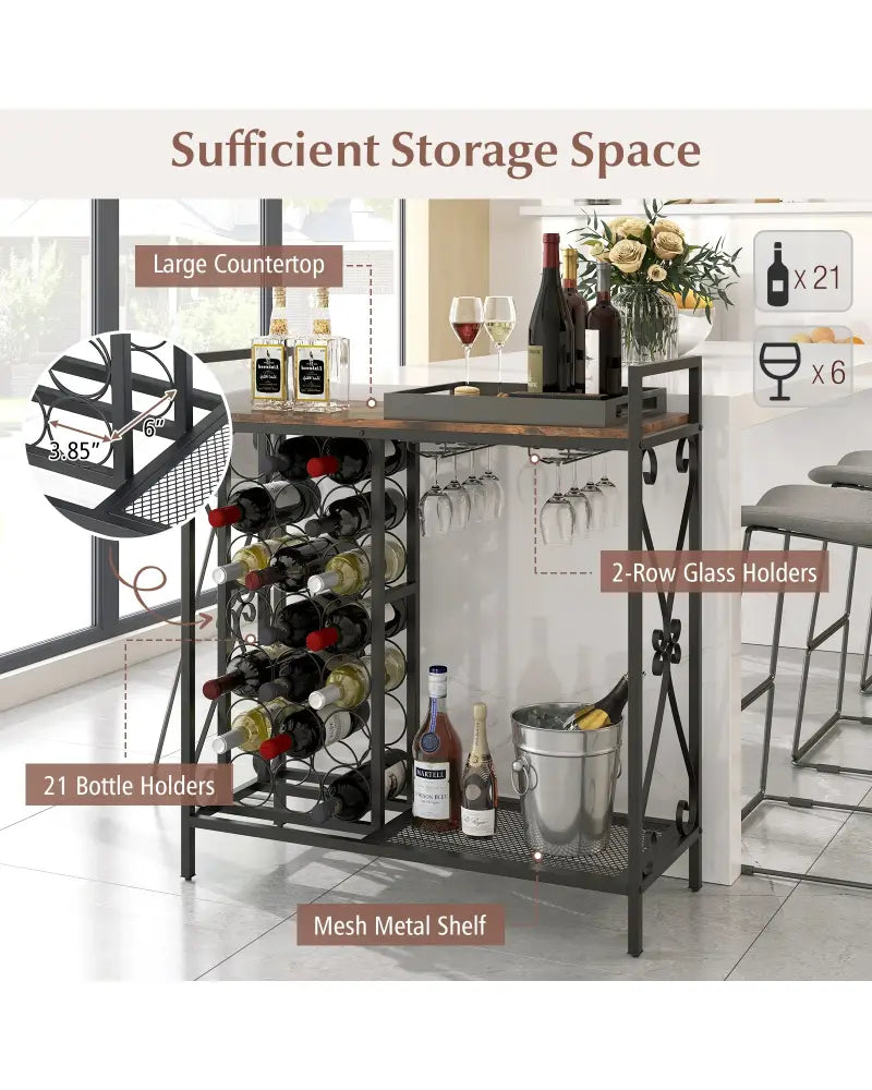 21 Bottle Wine Rack Freestanding Floor Wine Bottle Organizer with Glass Holder-Rustic Brown - Rustic Brown - Wine Racks