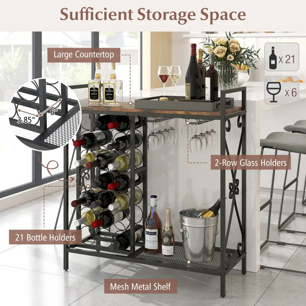 21 Bottle Wine Rack Freestanding Floor Wine Bottle Organizer with Glass Holder-Rustic Brown - Rustic Brown - Wine Racks