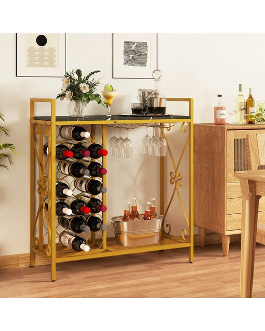 21 Bottle Wine Rack Freestanding Floor Wine Bottle Organizer with Glass Holder-Golden - Golden - Wine Racks