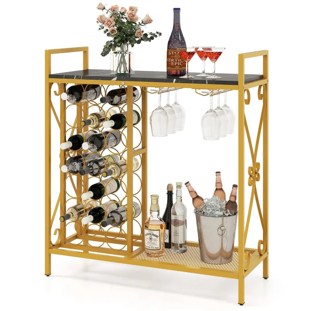 21 Bottle Wine Rack Freestanding Floor Wine Bottle Organizer with Glass Holder-Golden - Golden - Wine Racks