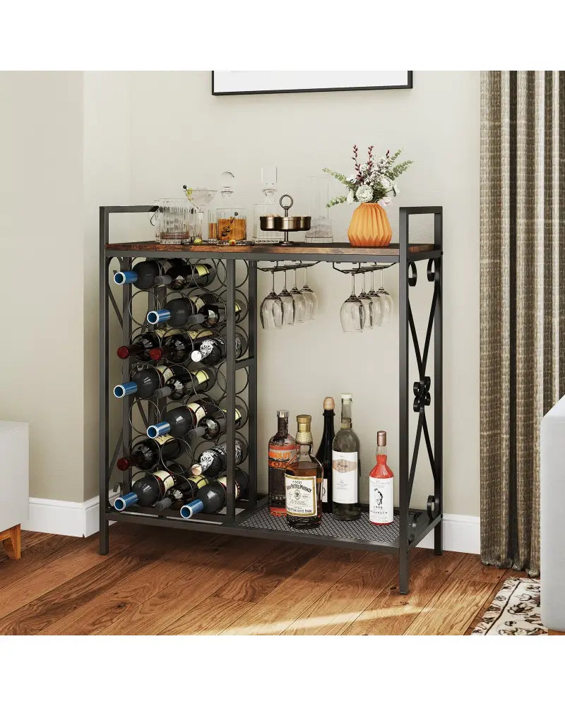 21 Bottle Wine Rack Freestanding Floor Wine Bottle Organizer with Glass Holder-Rustic Brown - Rustic Brown - Wine Racks