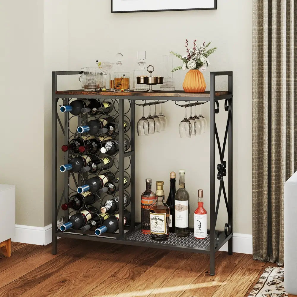 21 Bottle Wine Rack Freestanding Floor Wine Bottle Organizer with Glass Holder-Rustic Brown - Rustic Brown - Wine Racks