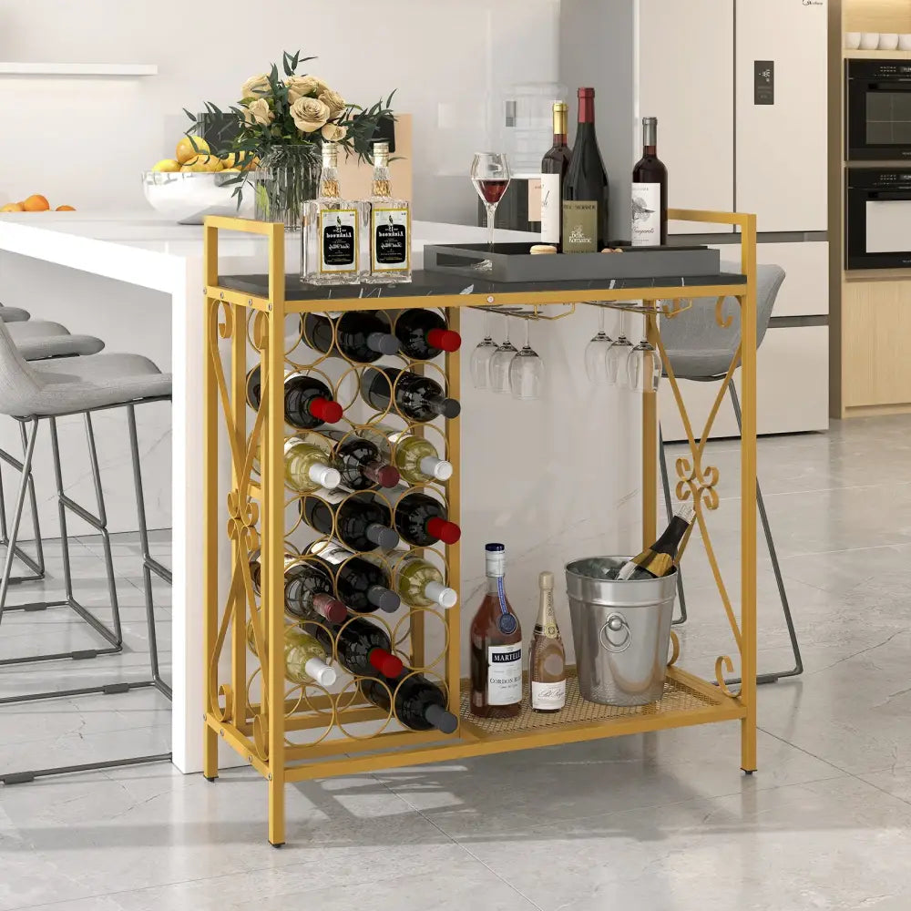 21 Bottle Wine Rack Freestanding Floor Wine Bottle Organizer with Glass Holder-Golden - Golden - Wine Racks