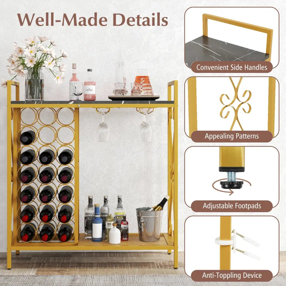 21 Bottle Wine Rack Freestanding Floor Wine Bottle Organizer with Glass Holder-Golden - Golden - Wine Racks