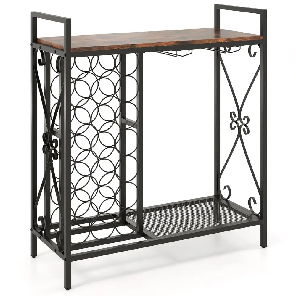 21 Bottle Wine Rack Freestanding Floor Wine Bottle Organizer with Glass Holder-Rustic Brown - Rustic Brown - Wine Racks