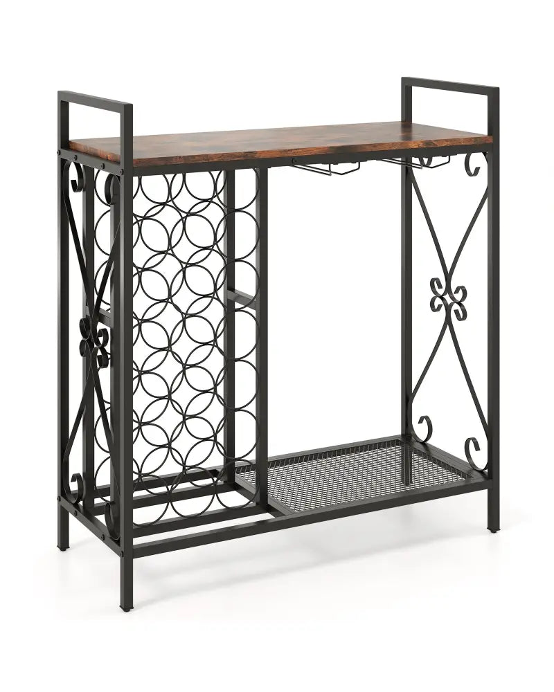 21 Bottle Wine Rack Freestanding Floor Wine Bottle Organizer with Glass Holder-Rustic Brown - Rustic Brown - Wine Racks