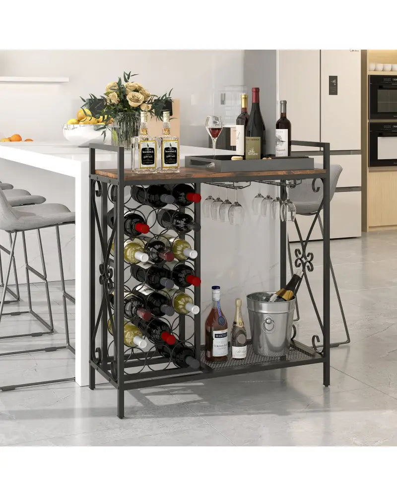 21 Bottle Wine Rack Freestanding Floor Wine Bottle Organizer with Glass Holder-Rustic Brown - Rustic Brown - Wine Racks