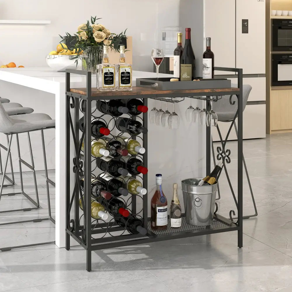 21 Bottle Wine Rack Freestanding Floor Wine Bottle Organizer with Glass Holder-Rustic Brown - Rustic Brown - Wine Racks