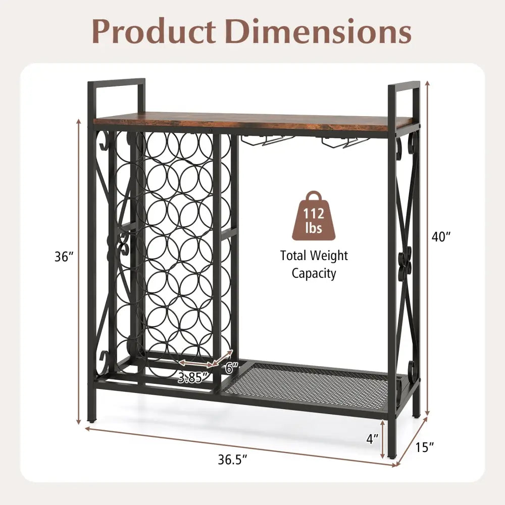 21 Bottle Wine Rack Freestanding Floor Wine Bottle Organizer with Glass Holder-Rustic Brown - Rustic Brown - Wine Racks