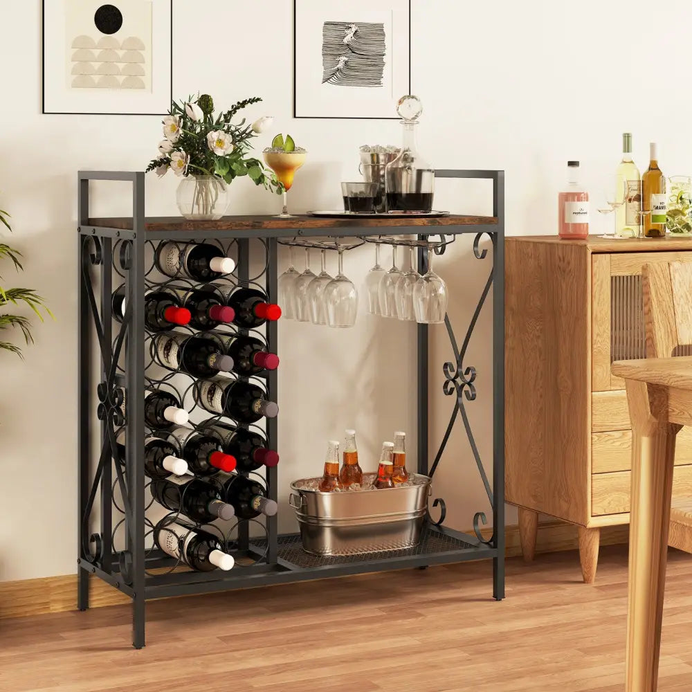 21 Bottle Wine Rack Freestanding Floor Wine Bottle Organizer with Glass Holder-Rustic Brown - Rustic Brown - Wine Racks