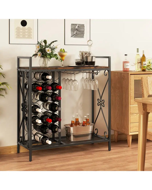 21 Bottle Wine Rack Freestanding Floor Wine Bottle Organizer with Glass Holder-Rustic Brown - Rustic Brown - Wine Racks