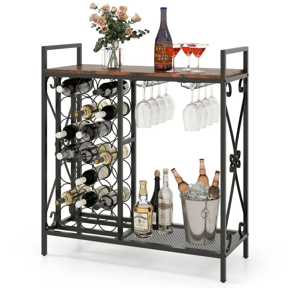 21 Bottle Wine Rack Freestanding Floor Wine Bottle Organizer with Glass Holder-Rustic Brown - Rustic Brown - Wine Racks