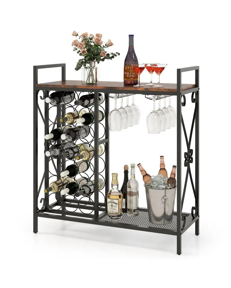 21 Bottle Wine Rack Freestanding Floor Wine Bottle Organizer with Glass Holder-Rustic Brown - Rustic Brown - Wine Racks