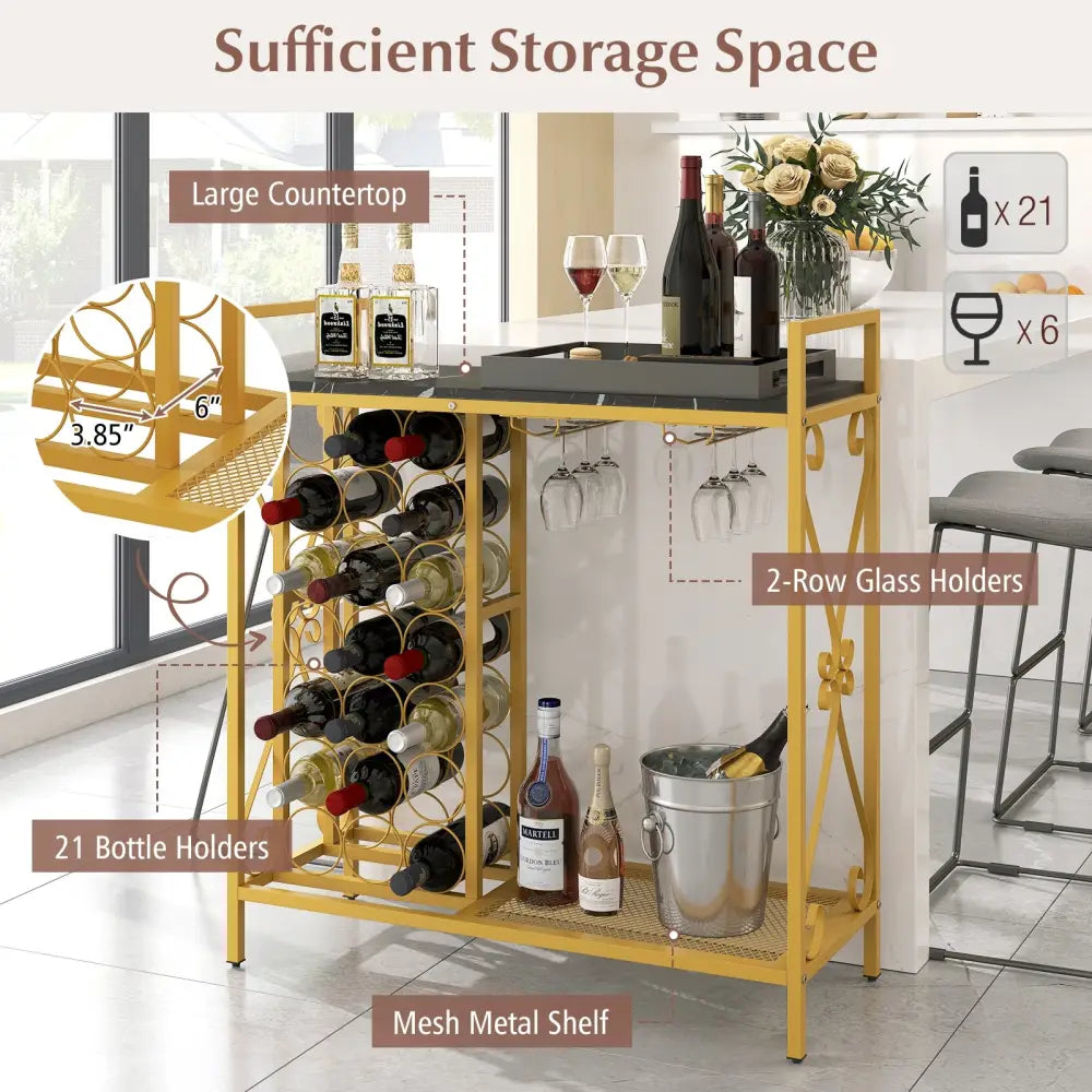 21 Bottle Wine Rack Freestanding Floor Wine Bottle Organizer with Glass Holder-Golden - Golden - Wine Racks