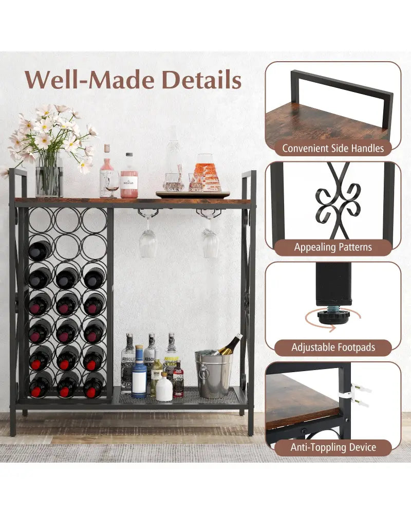 21 Bottle Wine Rack Freestanding Floor Wine Bottle Organizer with Glass Holder-Rustic Brown - Rustic Brown - Wine Racks