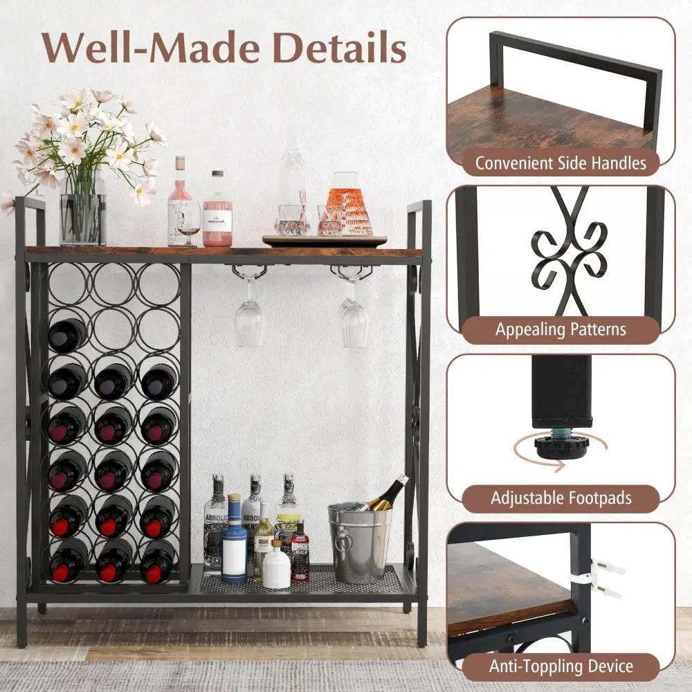 21 Bottle Wine Rack Freestanding Floor Wine Bottle Organizer with Glass Holder-Rustic Brown - Rustic Brown - Wine Racks