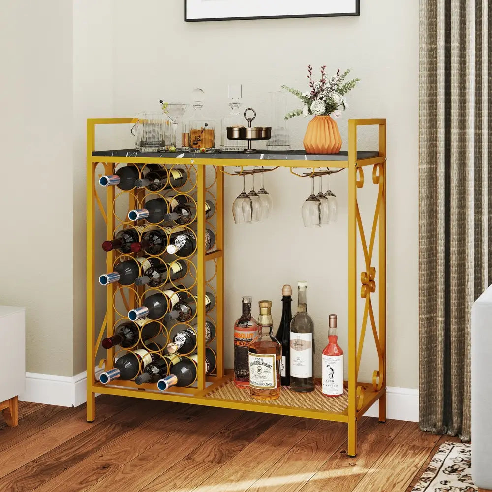 21 Bottle Wine Rack Freestanding Floor Wine Bottle Organizer with Glass Holder-Golden - Golden - Wine Racks