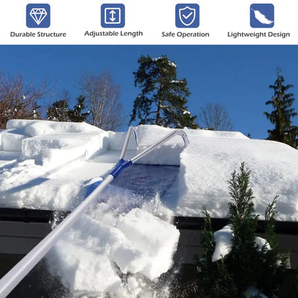 21 Feet Adjustable Aluminium Snow Roof Rake with Wheels and Oxford Slide - Blue - Snow Removal