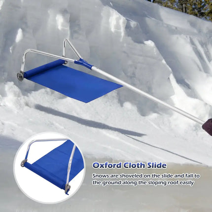 21 Feet Adjustable Aluminium Snow Roof Rake with Wheels and Oxford Slide - Blue - Snow Removal