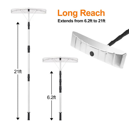 21 Feet Aluminum Large Poly Blade Telescoping Snow Roof Rake - White - Snow Removal