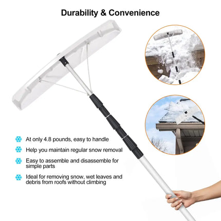 21 Feet Aluminum Large Poly Blade Telescoping Snow Roof Rake - White - Snow Removal