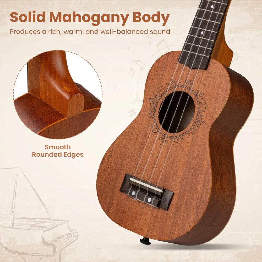 21 Inch Soprano Mahogany Wooden Ukelele Set with Adjustable Strap - Natural - Guitar & Strings