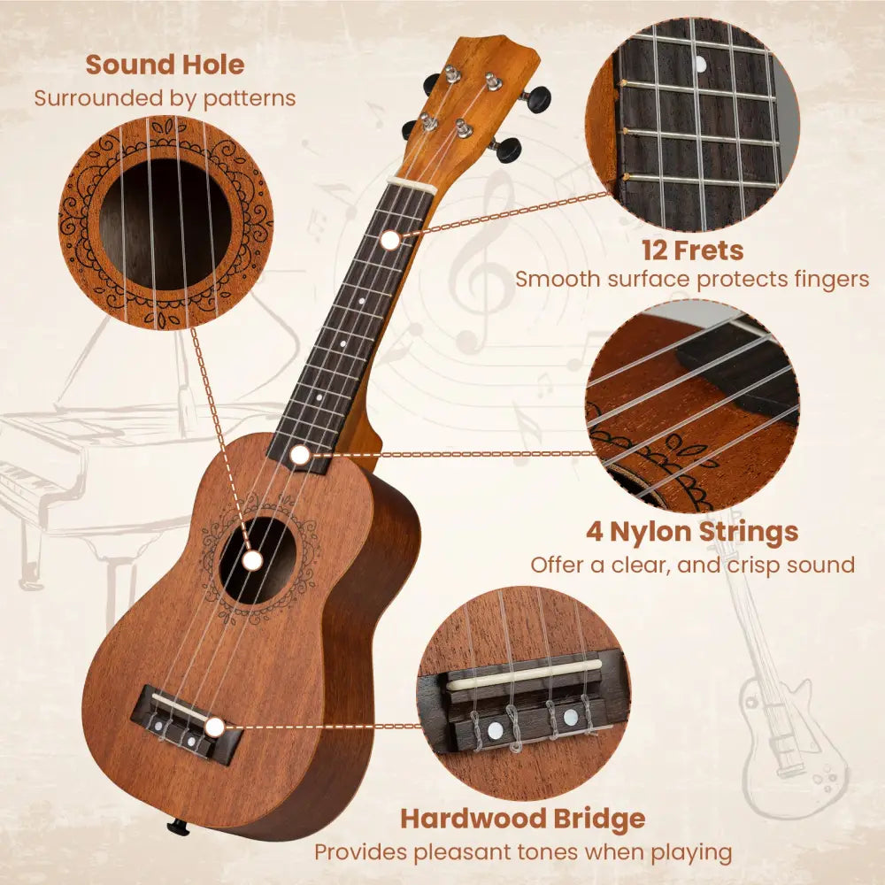 21 Inch Soprano Mahogany Wooden Ukelele Set with Adjustable Strap - Natural - Guitar & Strings