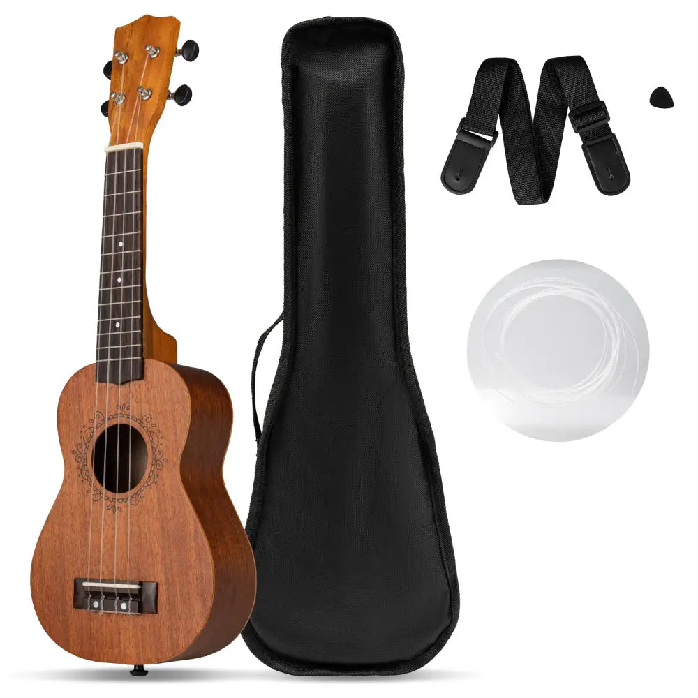 21 Inch Soprano Mahogany Wooden Ukelele Set with Adjustable Strap - Natural - Guitar & Strings