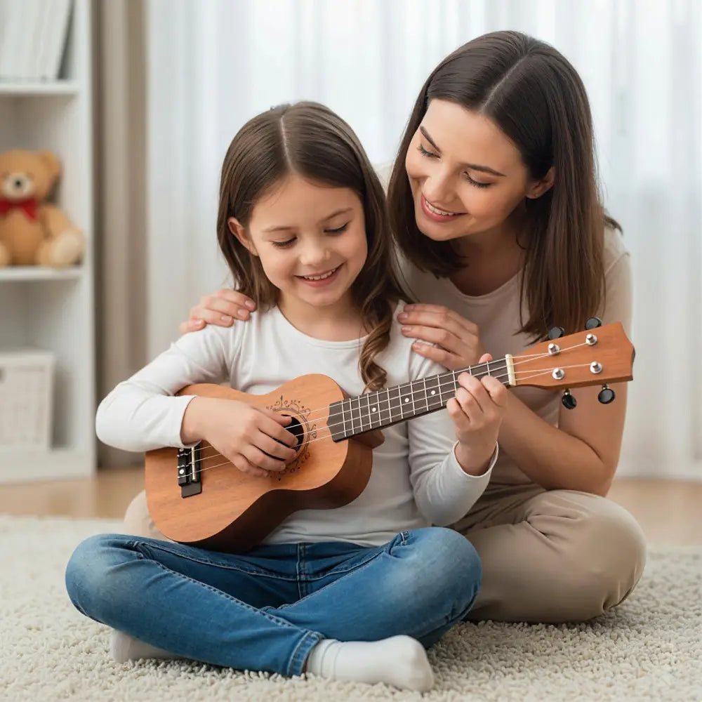 21 Inch Soprano Mahogany Wooden Ukelele Set with Adjustable Strap - Natural - Guitar & Strings