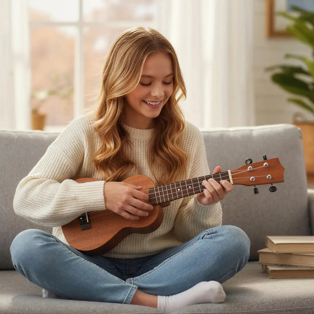 21 Inch Soprano Mahogany Wooden Ukelele Set with Adjustable Strap - Natural - Guitar & Strings