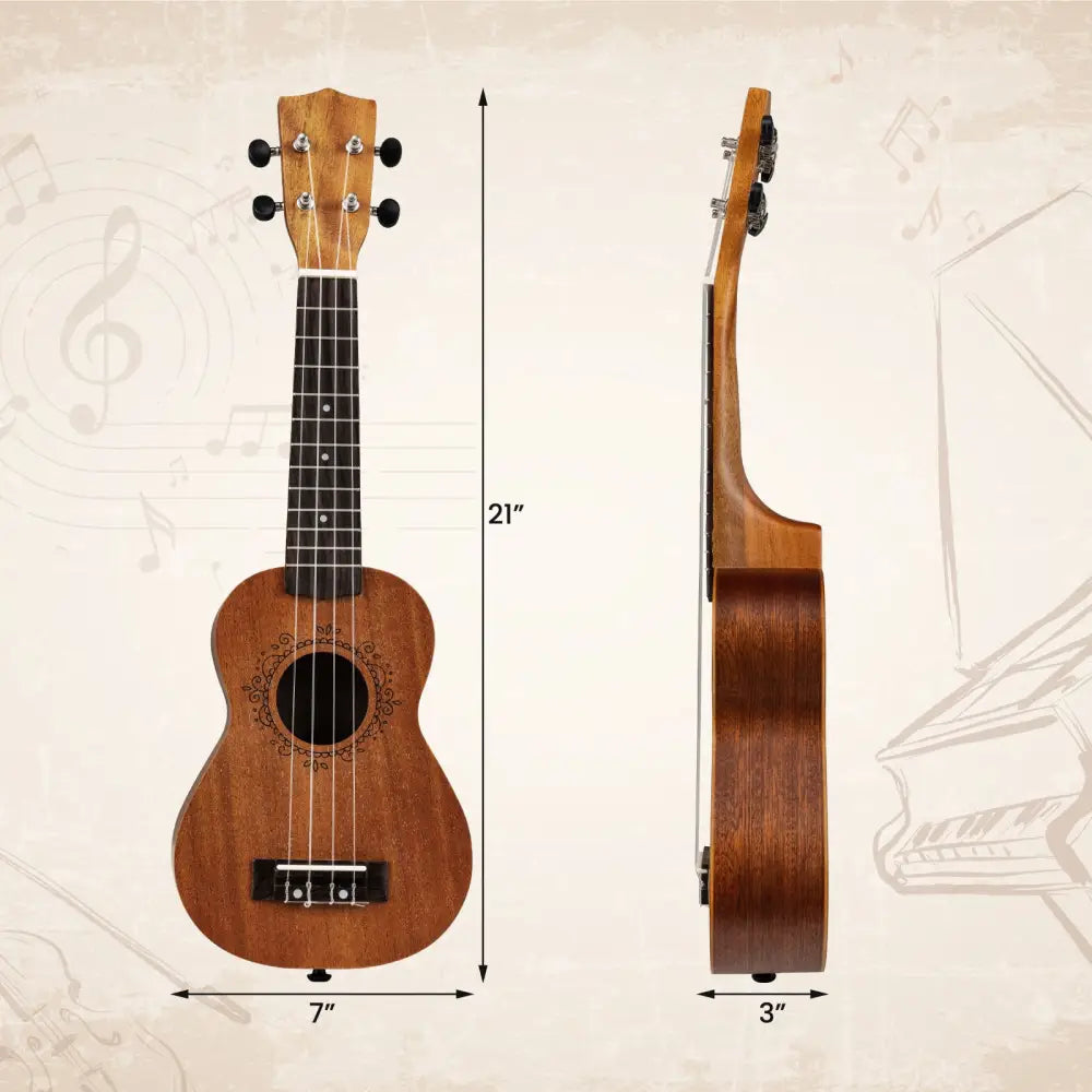 21 Inch Soprano Mahogany Wooden Ukelele Set with Adjustable Strap - Natural - Guitar & Strings