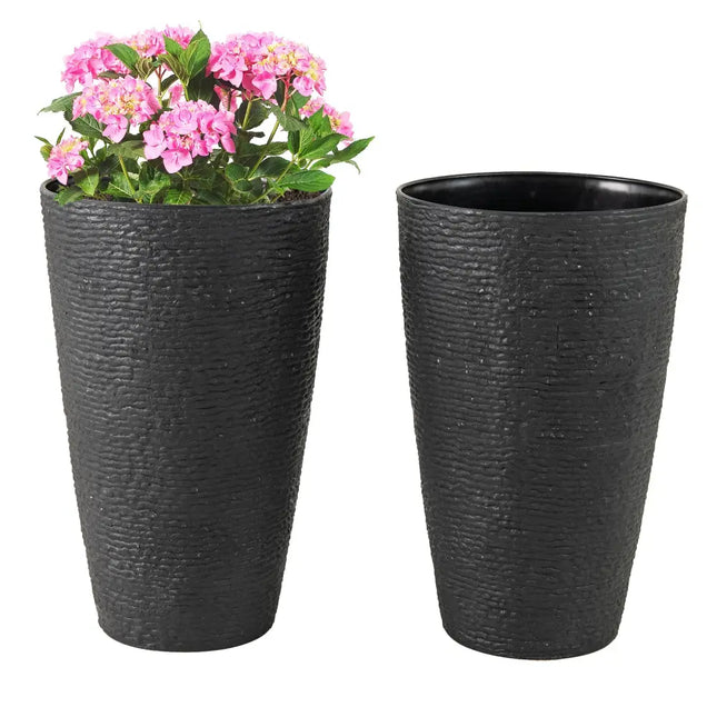 21 Inch Tall Round Plastic Planters Set of 2 Flower Pots with Drainage System-Black - Black - Raised Garden Beds