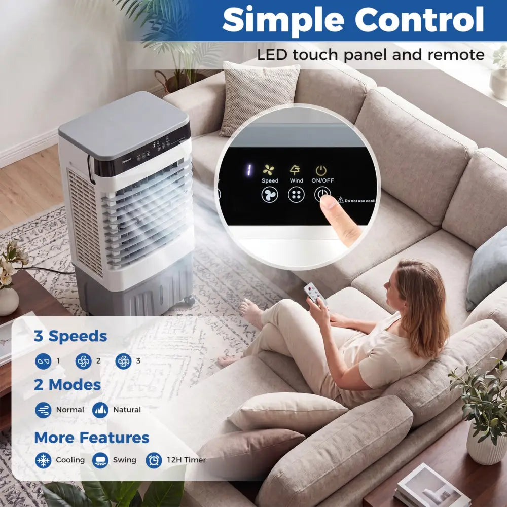 2100 CFM 3-in-1 Evaporative Air Cooler with 5.3 Gal Water Tank for Indoor Outdoor-White - White - Air Coolers