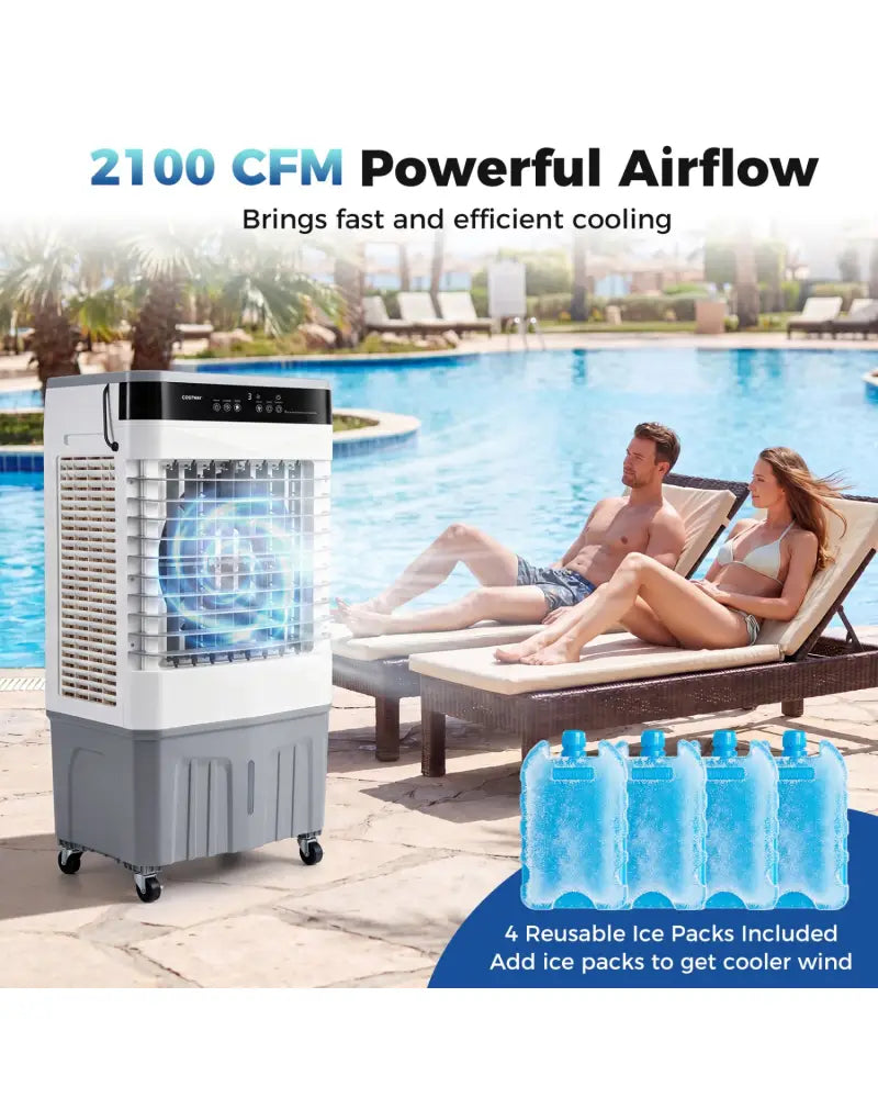 2100 CFM 3-in-1 Evaporative Air Cooler with 5.3 Gal Water Tank for Indoor Outdoor-White - White - Air Coolers