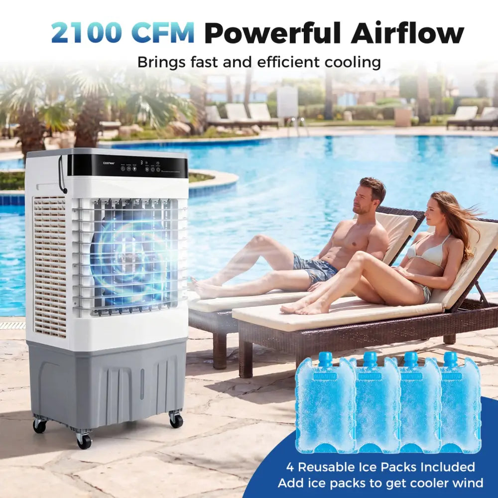 2100 CFM 3-in-1 Evaporative Air Cooler with 5.3 Gal Water Tank for Indoor Outdoor-White - White - Air Coolers