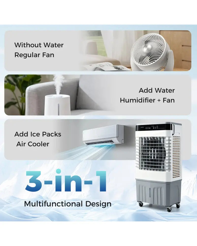 2100 CFM 3-in-1 Evaporative Air Cooler with 5.3 Gal Water Tank for Indoor Outdoor-White - White - Air Coolers