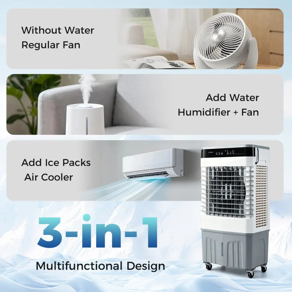 2100 CFM 3-in-1 Evaporative Air Cooler with 5.3 Gal Water Tank for Indoor Outdoor-White - White - Air Coolers