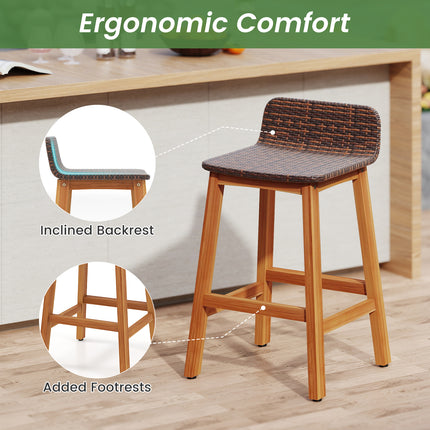 Solid Acacia Wood Bar Stools Set of 2 with Backrests and Footrests for Porch-Brown