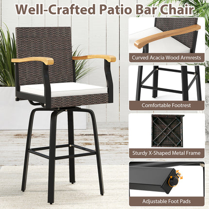One Outdoor 360° Swivel Bar Stool with Cushion and Acacia Wood Armrests