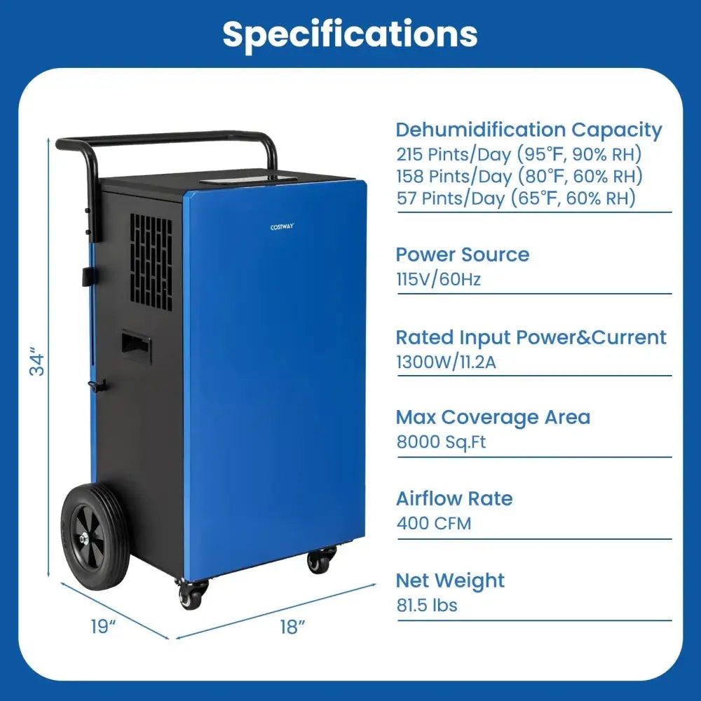 215 Pints 8000 Sq.Ft Commercial Dehumidifier For Home and Basement with 24H Timer-Blue Costway