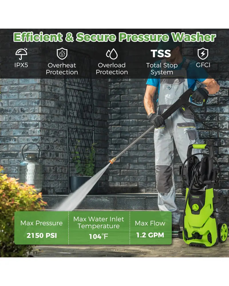 2150PSI Electric Pressure Washer 1.2GPM with 4 Quick Connect Nozzles and Foam Cannon-Green - Green - Pressure Washers