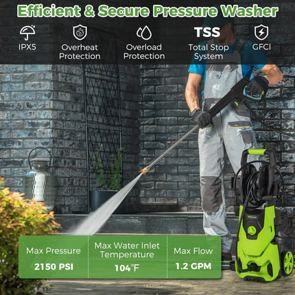 2150PSI Electric Pressure Washer 1.2GPM with 4 Quick Connect Nozzles and Foam Cannon-Green - Green - Pressure Washers