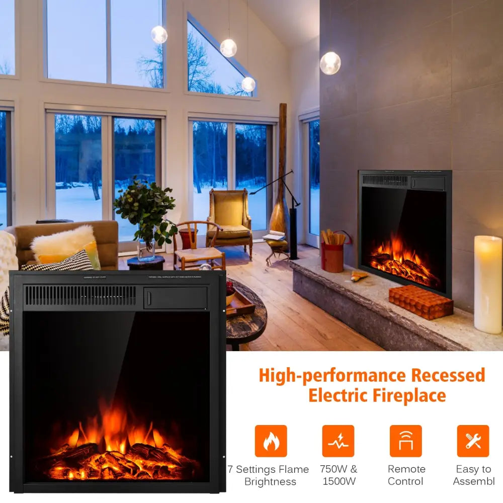 22.5 Inch Electric Fireplace Insert Freestanding and Recessed Heater - Black - Fireplaces