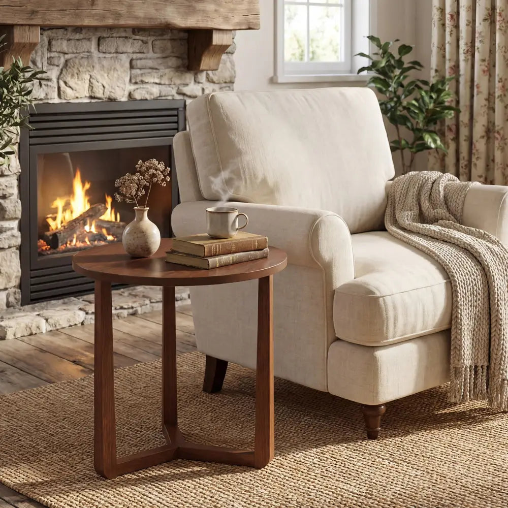 22.5 inch Round Side Table Farmhouse End Table with Sturdy Rubber Wood Legs and Triangular Structure-Walnut - Walnut