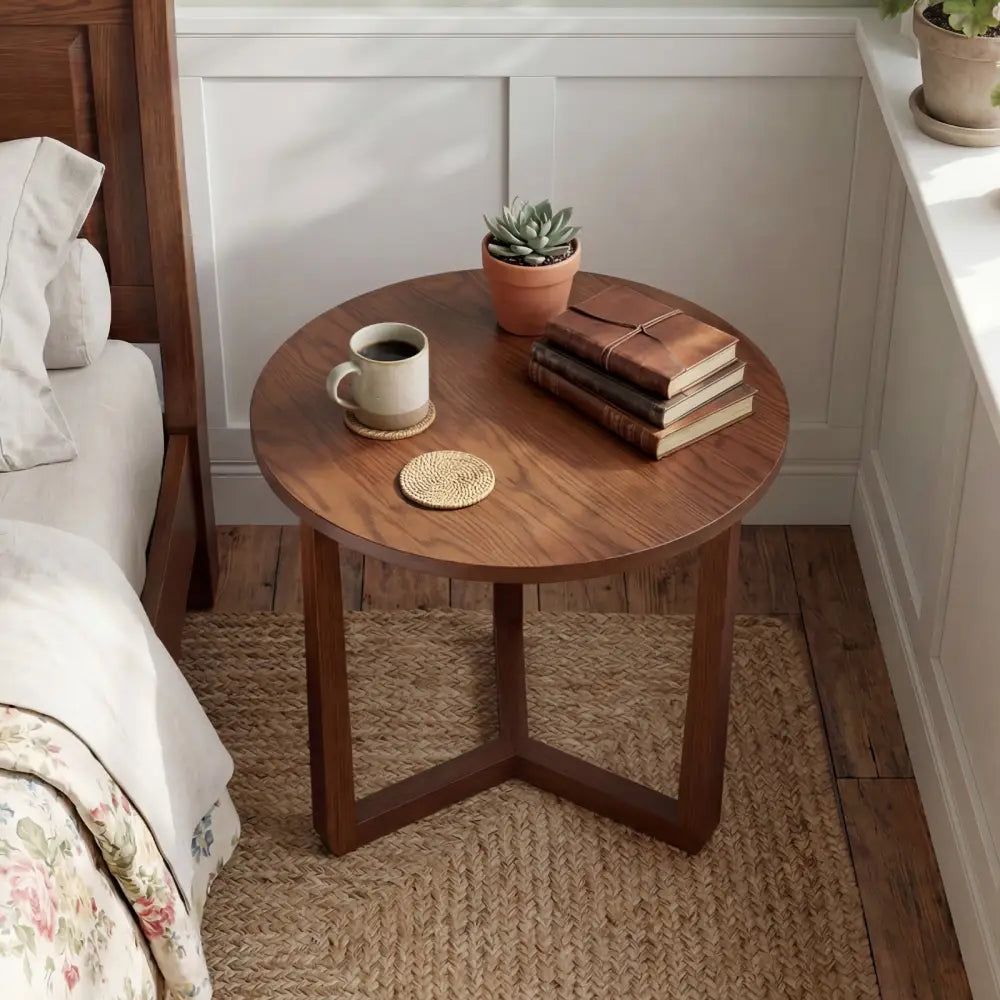 22.5 inch Round Side Table Farmhouse End Table with Sturdy Rubber Wood Legs and Triangular Structure-Walnut - Walnut