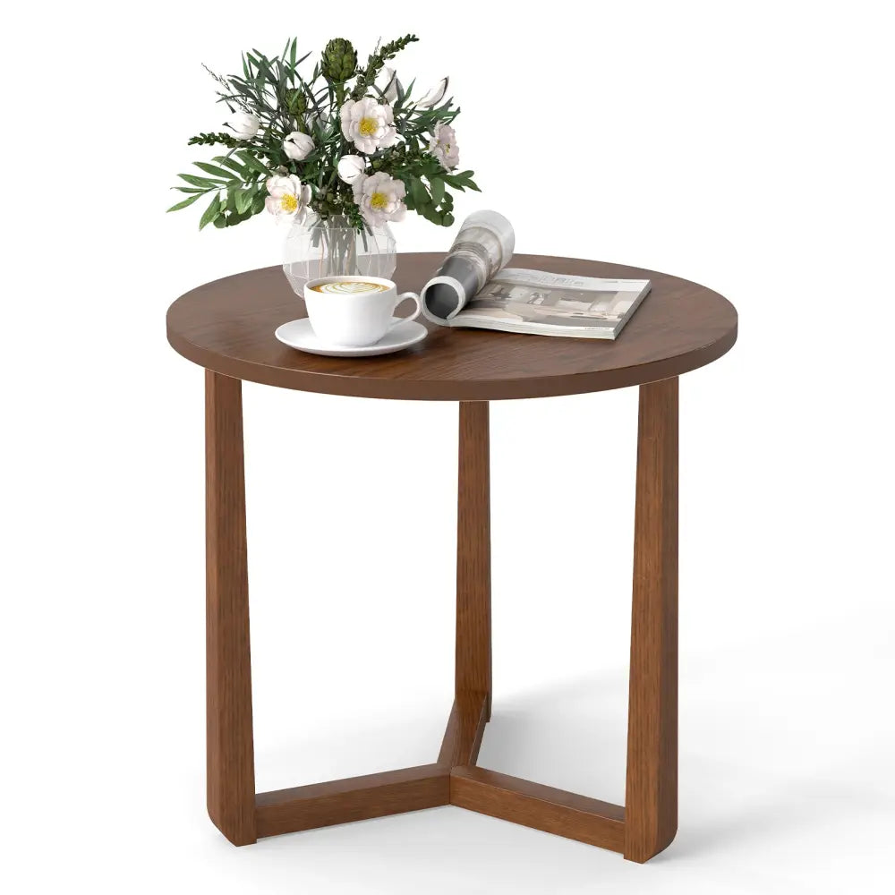22.5 inch Round Side Table Farmhouse End Table with Sturdy Rubber Wood Legs and Triangular Structure-Walnut - Walnut